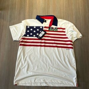 Men's White and Red Striped Golf Shirt